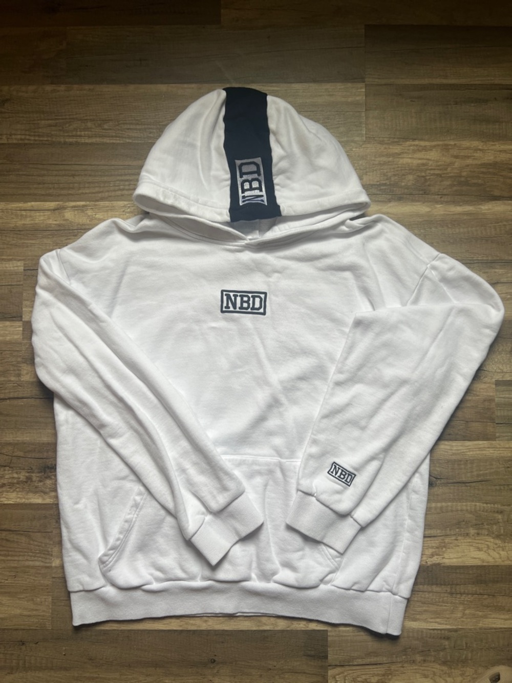 NBD White Pullover Hoodie with Black Hood Stripe